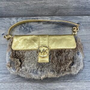 Michael Kors Fulton Rabbit Fur Gold Snakeskin Leather Shoulder Bag MK Metallic
